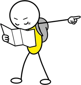 The Virgin Coffee mascot with a backpack, reading a folded map and pointing the way.