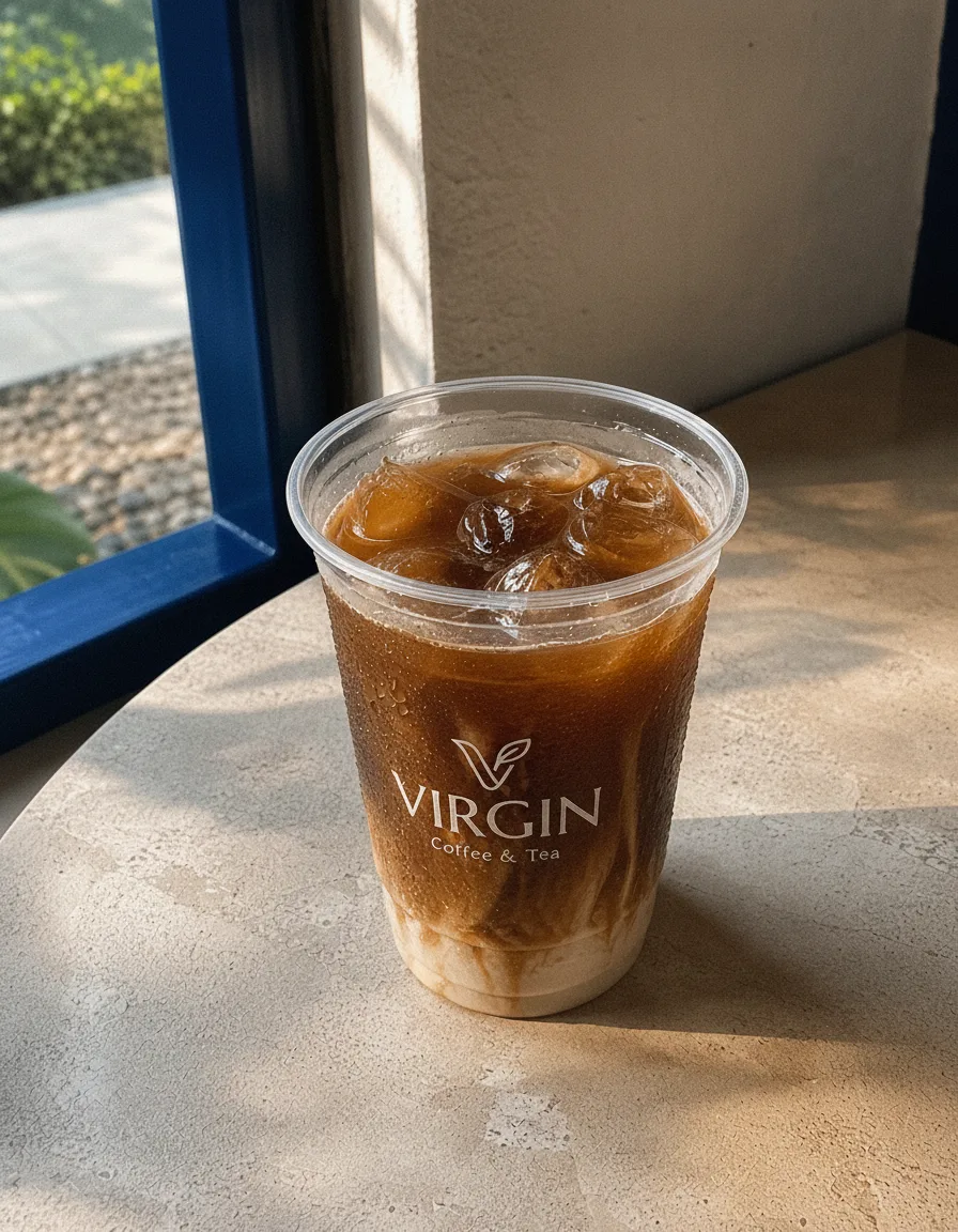 Iced cà phê sữa in the Virgin cup, black coffee over ice with condensed milk pooled unstirred at the base.